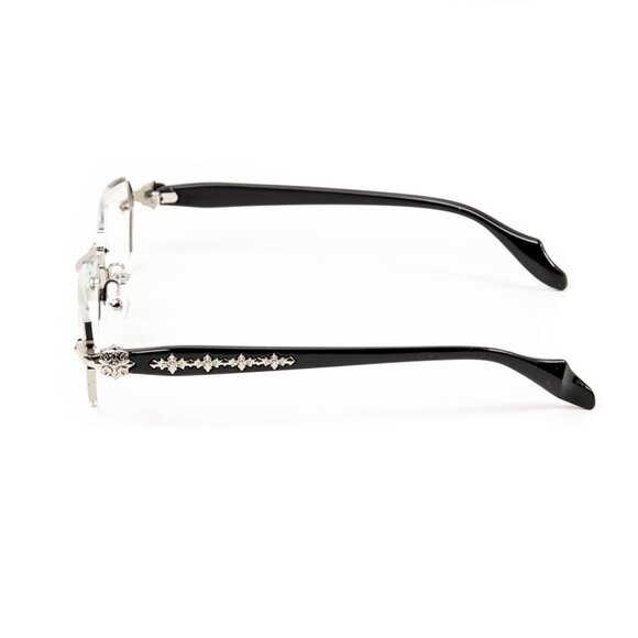 Clear Lens Silver Frame Retro Gothic Cross Style Edge Cut Rimless Eye Glasses - Picture 8 of 8
